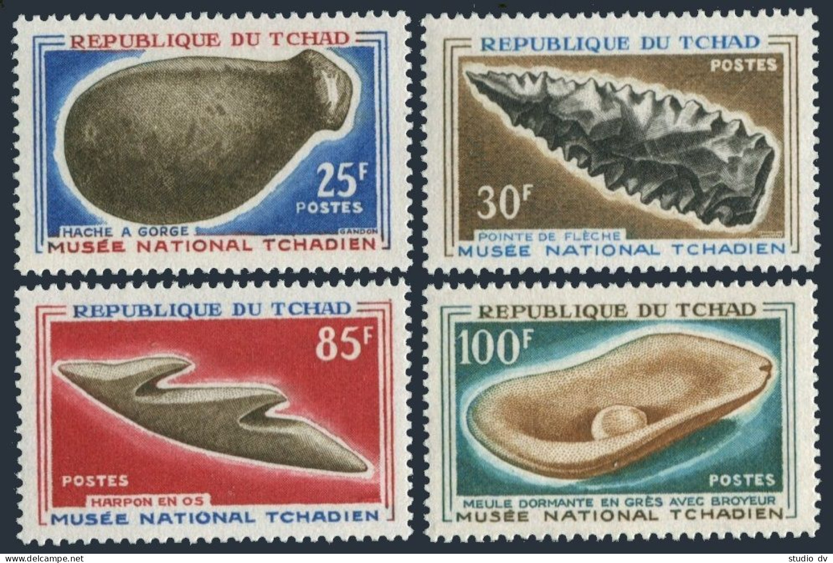 Chad 134-137,137a Sheet, MNH. Michel 166-169, Bl.3. Prehistoric Tools, 1966. - Tschad (1960-...)