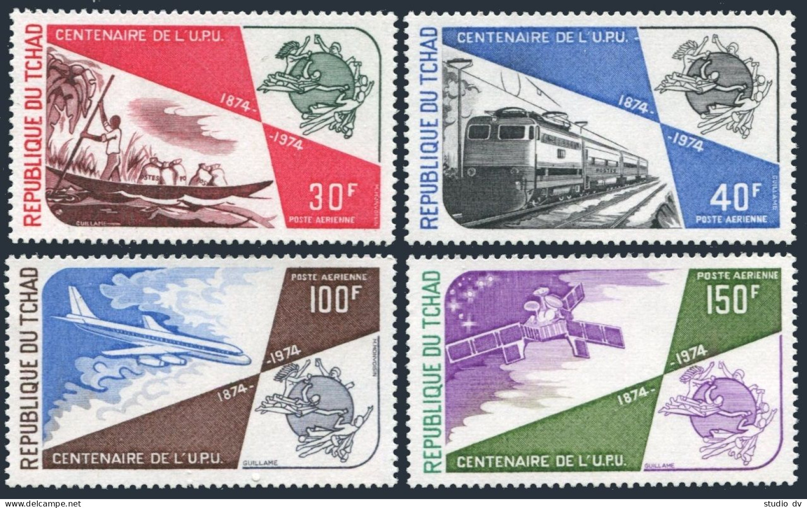 Chad C161-C164, MNH. Michel 704-707. UPU-100,1974. Vessel, Locomotive, Airplane, - Tchad (1960-...)