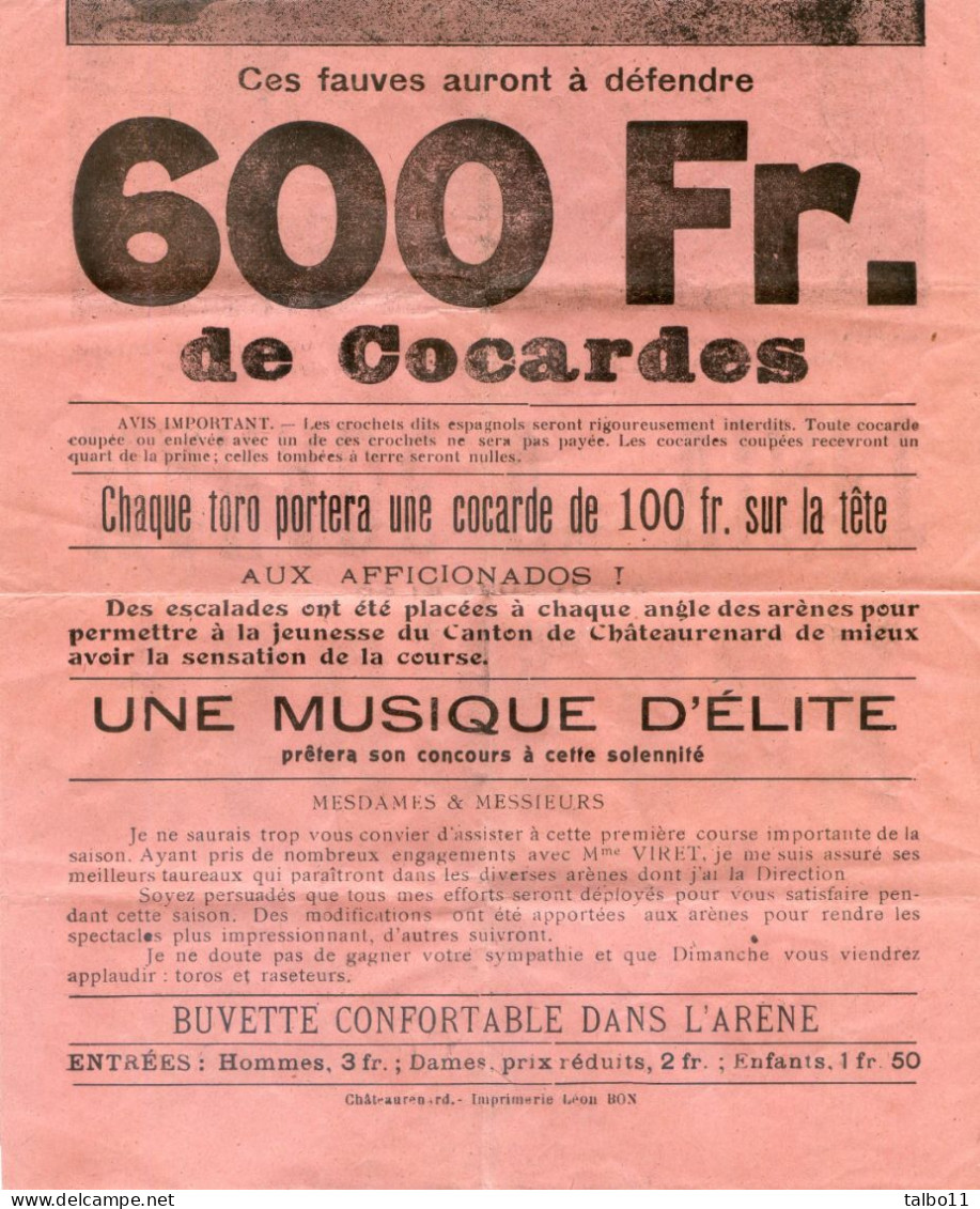 13 - Chateaurenard En Provence - Affichette Taureaux Manade Viret - Course A La Cocarde - 600 F. De Prix  - 22 Mai 1921 - Posters