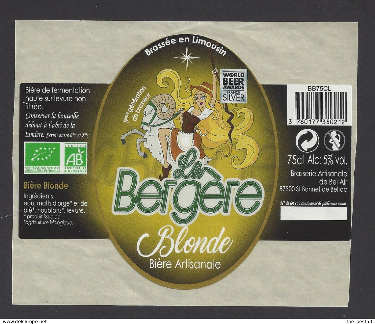 Etiquette De Bière Blonde -  La Bergère  -  Brasserie De Bel Air  à  Saint Bonnet De Bellac  (87) - Bière