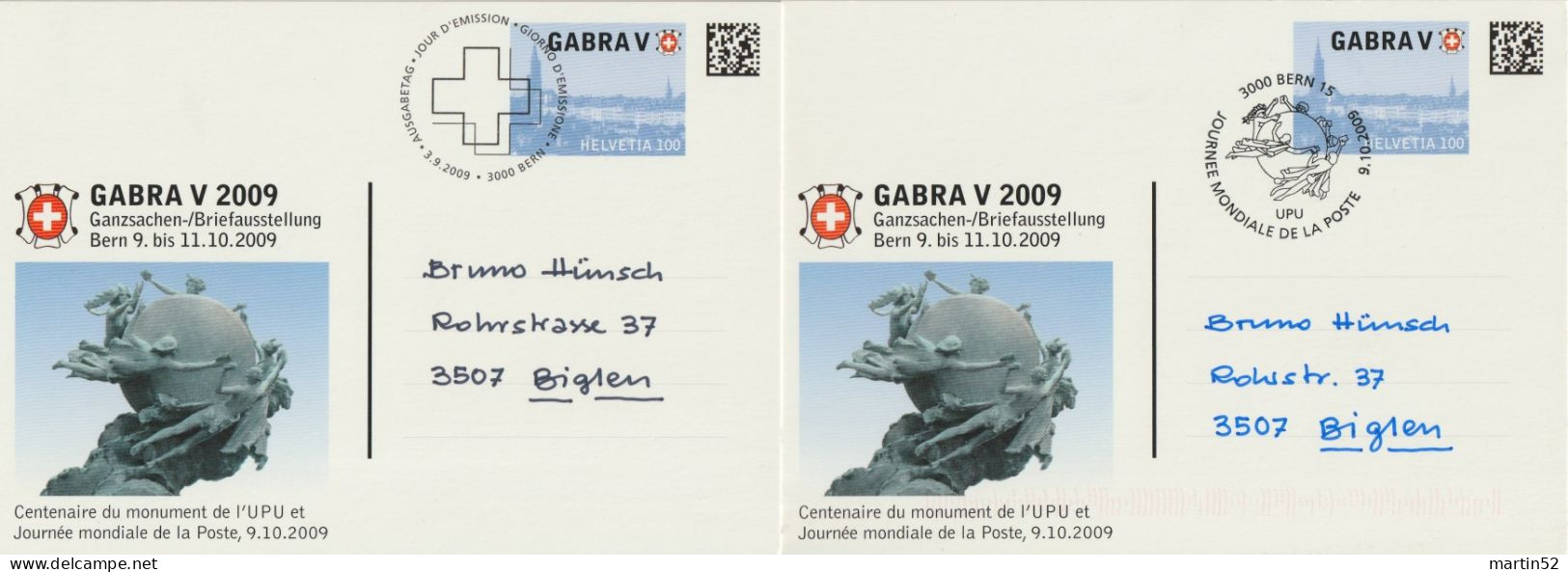Schweiz Suisse 2009: GABRA V BERN Centenaire Du Monument De L'UPU Et Journée Mondiale De La Poste ⊙ 3.9. & 9.10.2009 - U.P.U.