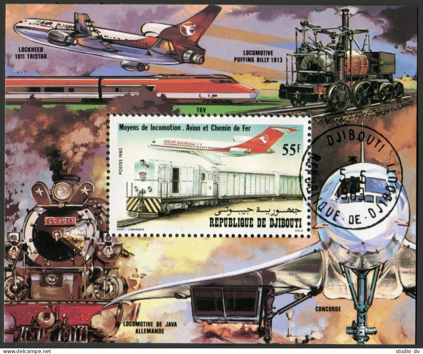 Djibouti 550a Sheet.CTO.Michel 343 Bl.66. Transportation 1982.Train And Jet. - Djibouti (1977-...)