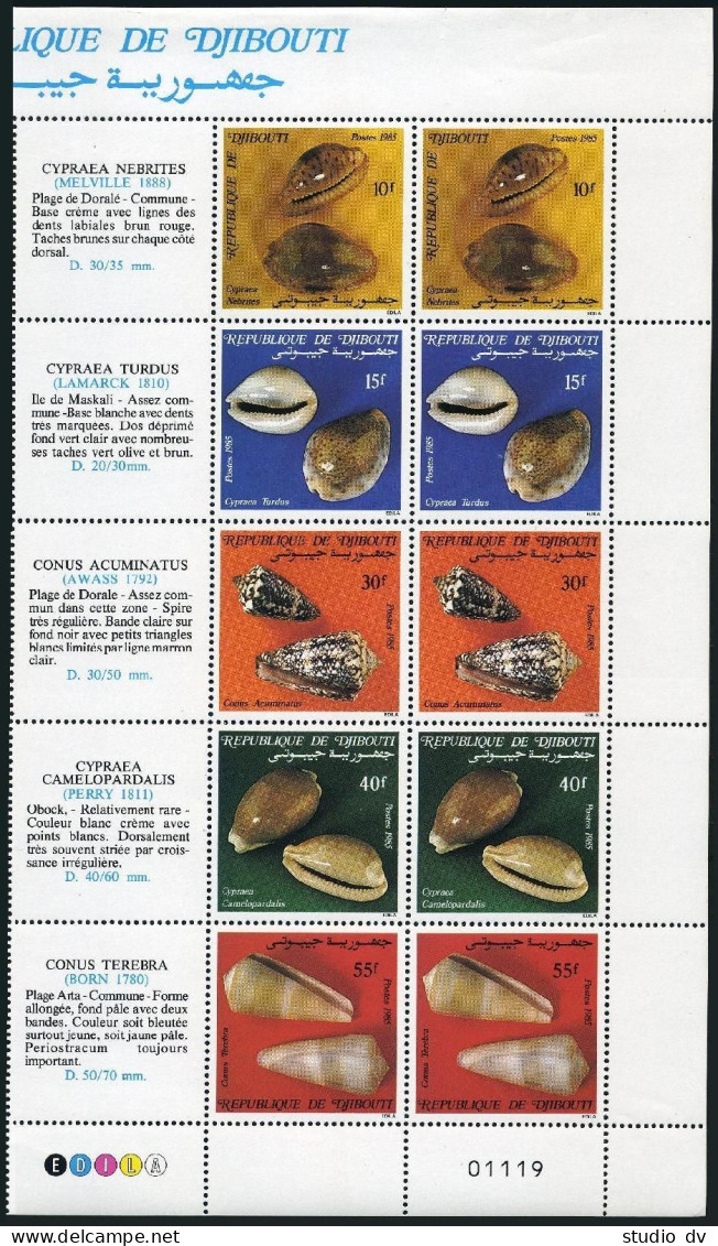 Djibouti 603-607a 2 Strips-5 Labels,MNH.Mi 447-451. Sea Shells 1985.Cypraea - Djibouti (1977-...)