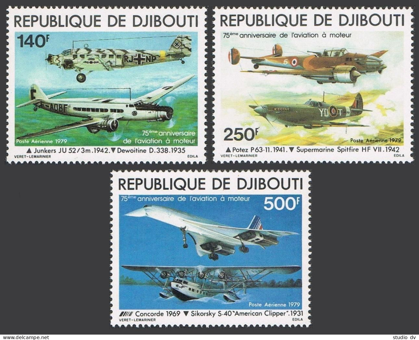 Djibouti C124-C126, MNH. Mi 248B-250B. Powered Flight, 75th Ann. 1979. Concorde, - Djibouti (1977-...)