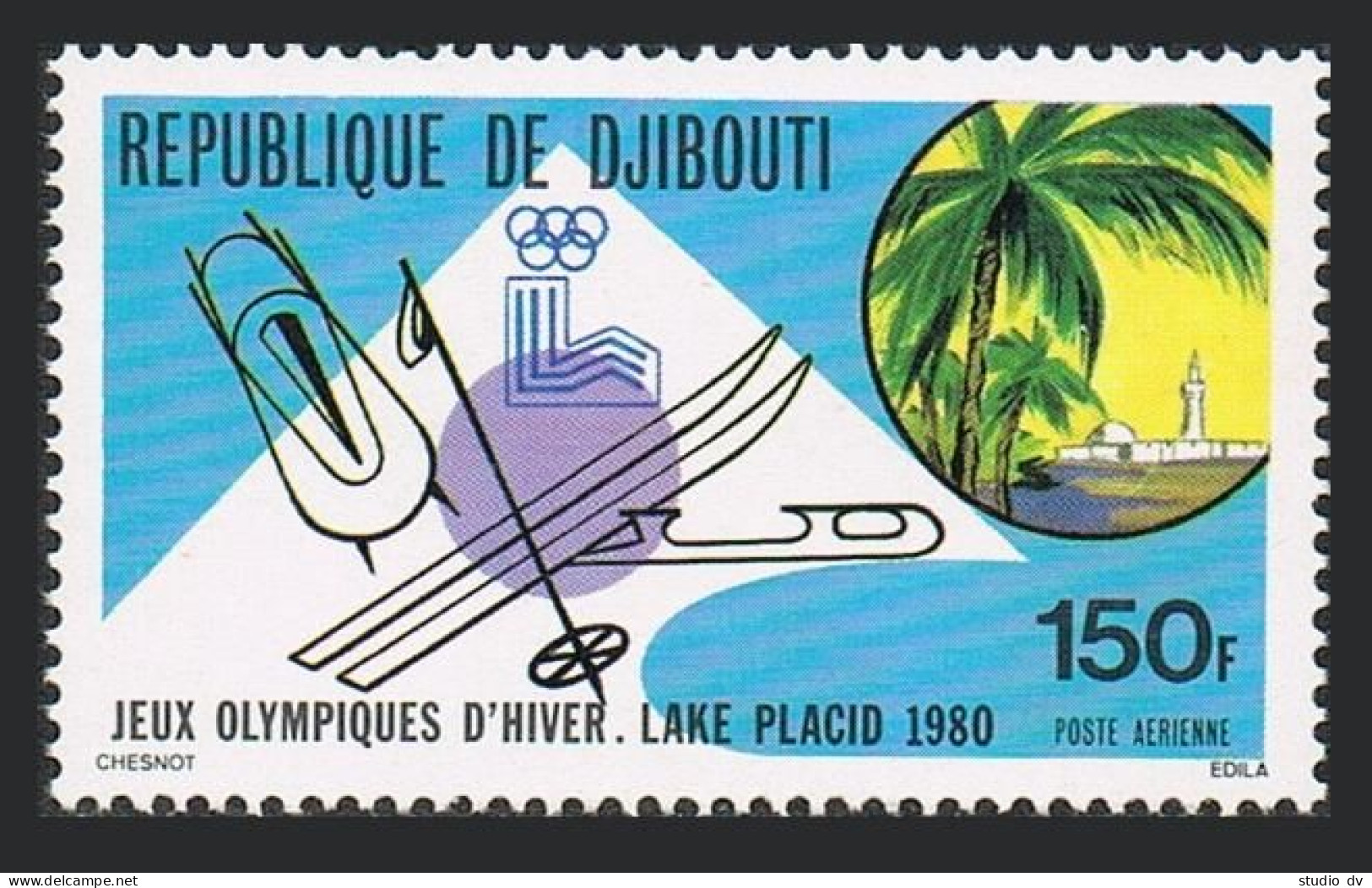 Djibouti C128, MNH. Michel 265. Olympics Lake Placid-1980. Skis, Sleds.  - Djibouti (1977-...)
