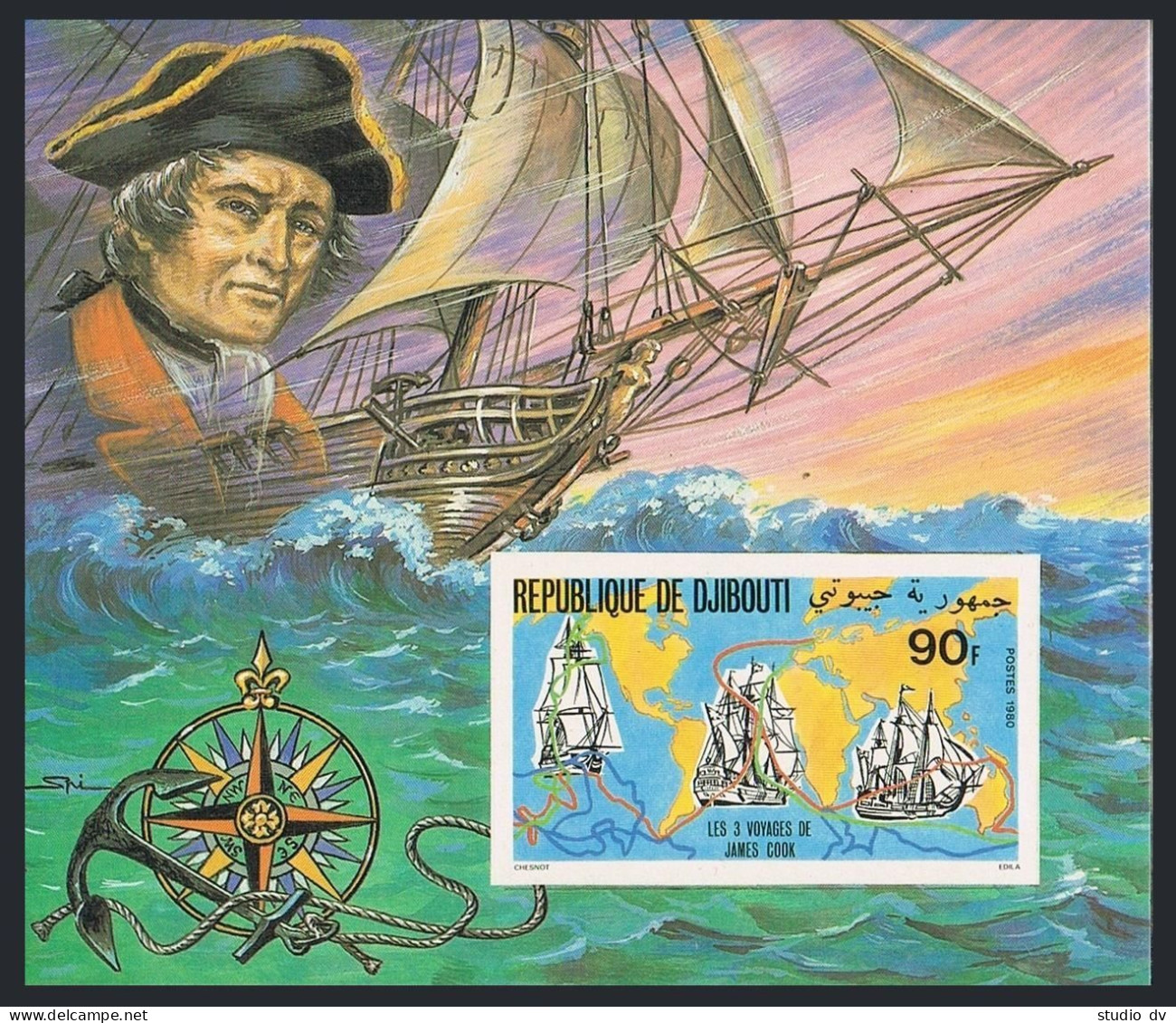 Djibouti 519a,520a Imperf Deluxe,MNH.Mi Bl.27B-28B. Capt James Cook,Endeavor,Map - Djibouti (1977-...)