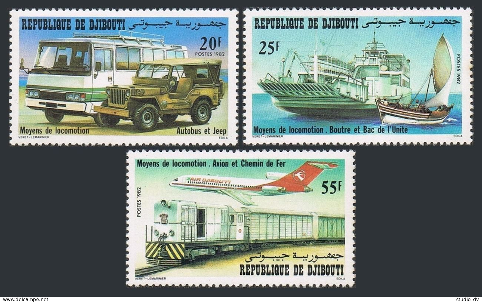 Djibouti 548-550,MNH.Michel 341-343. Bus,Jeep,Dhow,Ferry,Train Jet.1982. - Djibouti (1977-...)
