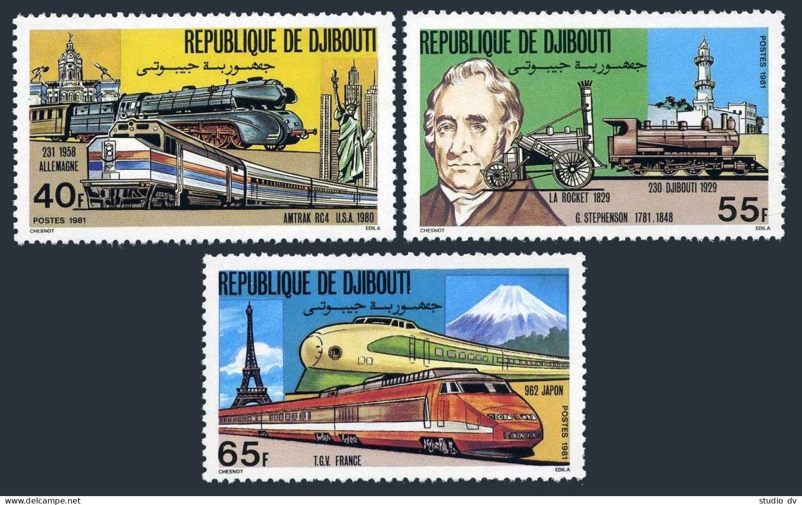 Djibouti 525-527,MNH.Michel 300-302. Locomotives 1981.Stephenson. - Dschibuti (1977-...)