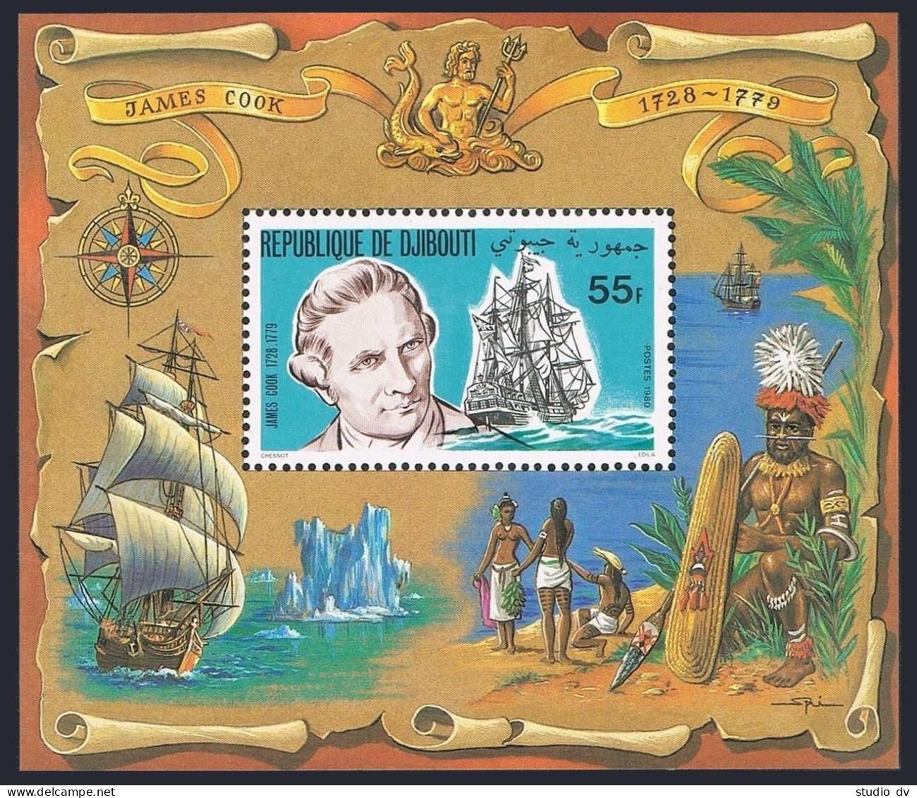 Djibouti 519a, 520a Deluxe, MNH. Mi Bl.27A-28A. Captain James Cook, Endeavor,Map - Djibouti (1977-...)