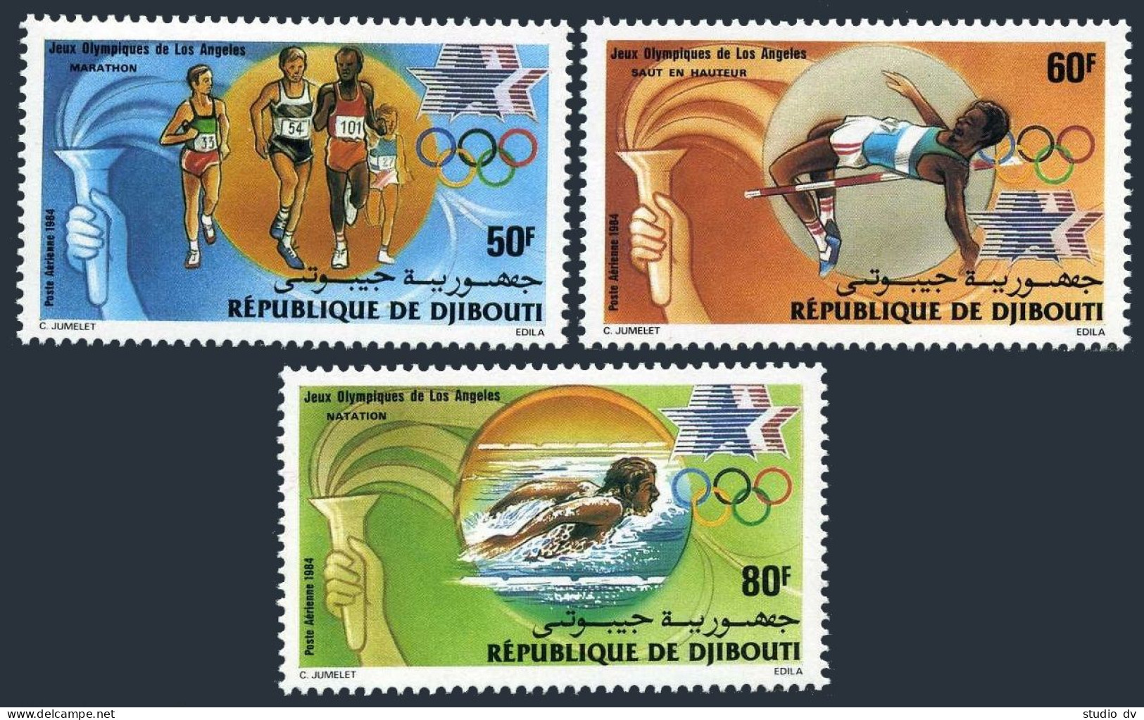 Djibouti C200-C202,MNH. Mi 409-411. Olympics Los Angeles-1984. Running, Swimming - Djibouti (1977-...)