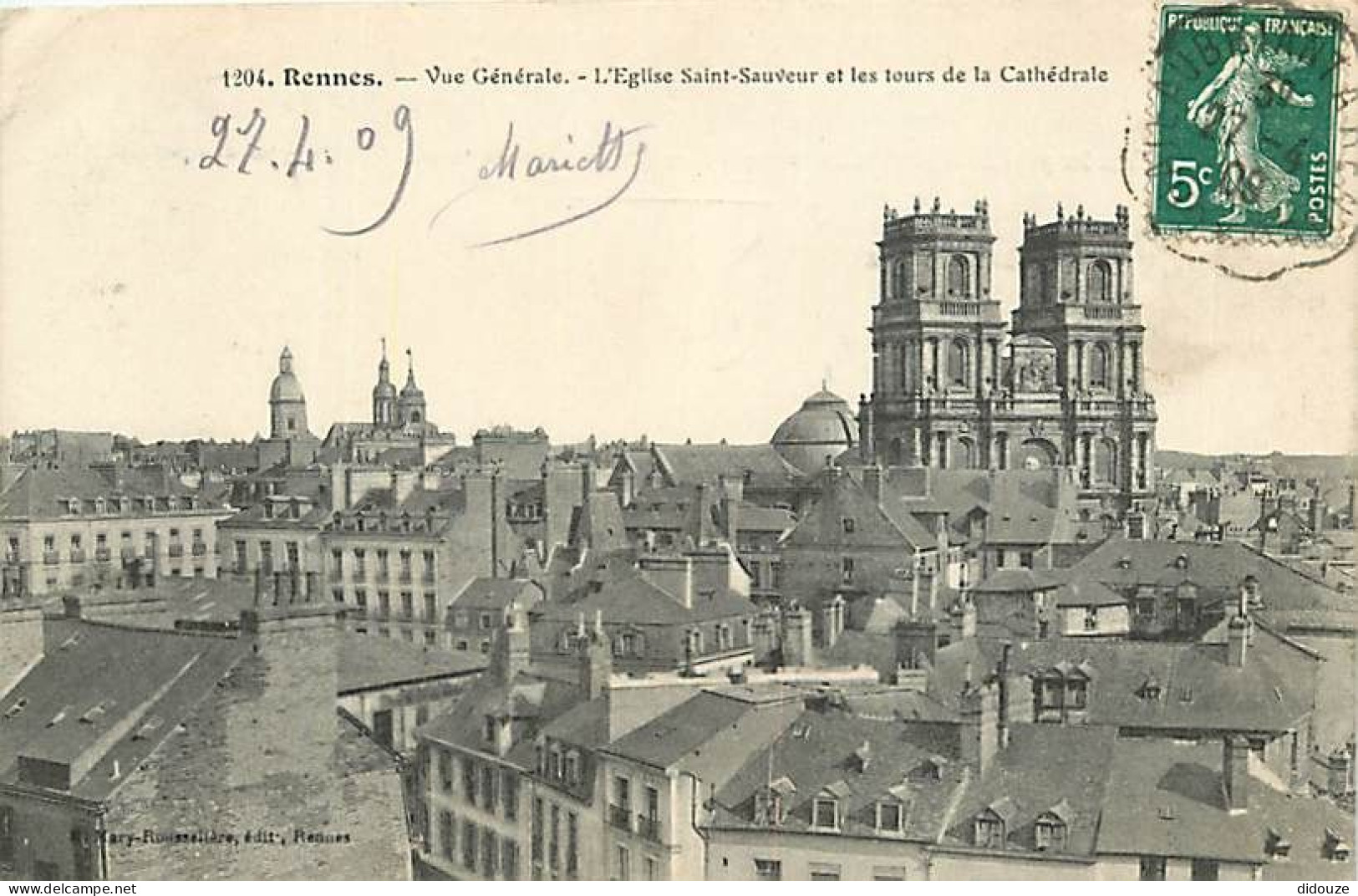 35 - Rennes - Vue Générale - L'Eglise Saint-Sauveur Et Les Tours De La Cathédrale - Oblitération Ronde De 1909 - CPA - V - Rennes