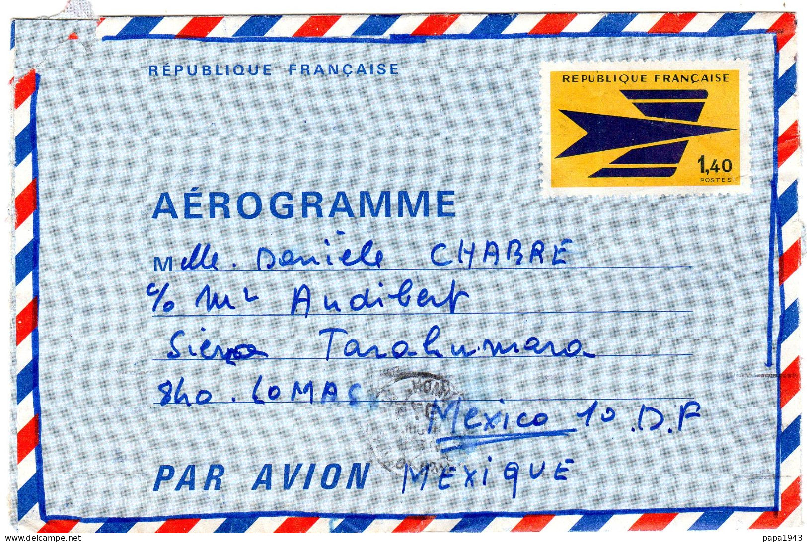 AEROGRAMME  1,40 F Envoyée à MEXICO - Aerogramme