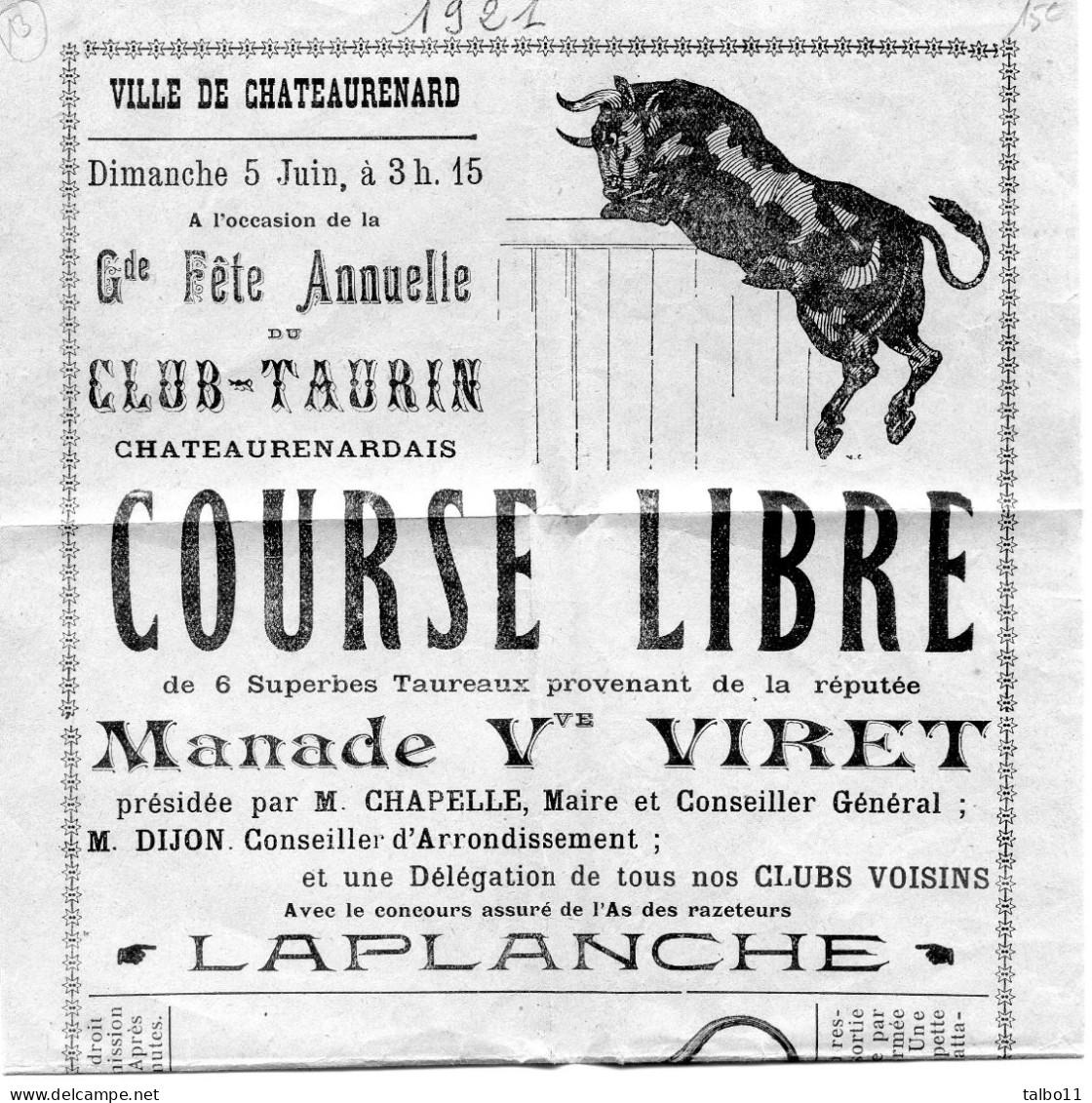 13 - Chateaurenard En Provence - Affichette Taureaux Manade Viret - Course A La Cocarde - 500 F. De Prix  - 5 Juin 1921 - Affiches