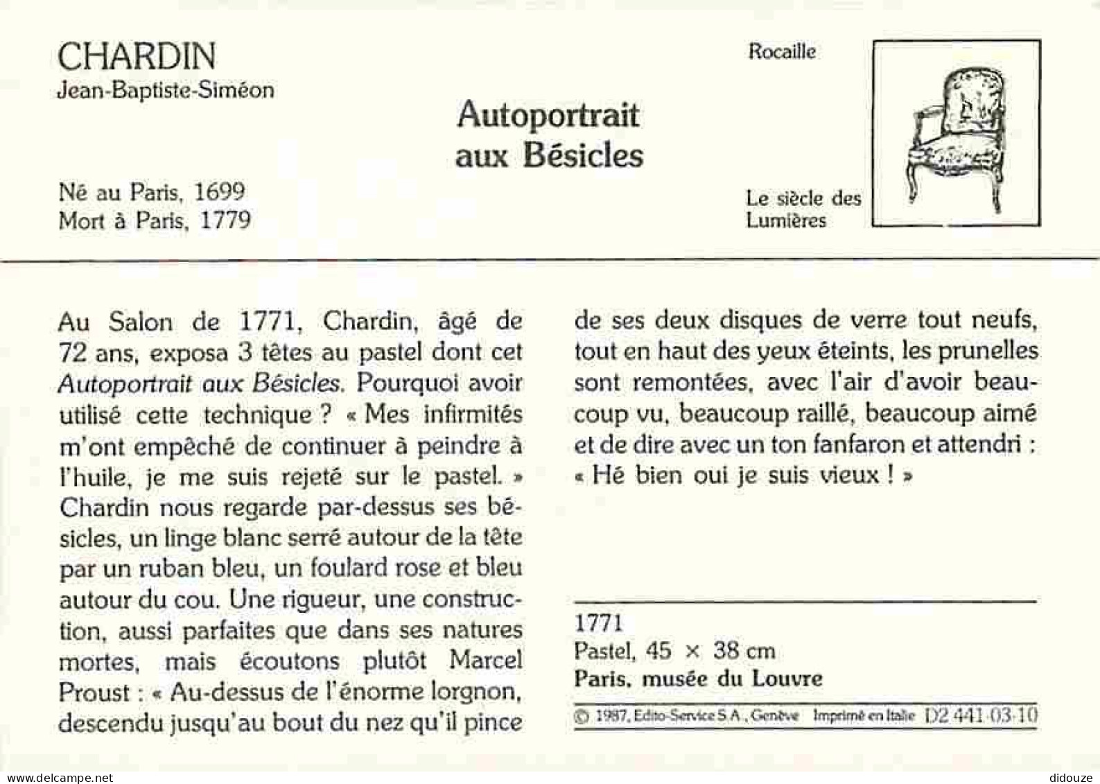 Art - Peinture - Jean-Baptiste-Siméon Chardin - Autoportrait Aux Bésicles - Description De L'oeuvre Au Dos - Carte Neuve - Peintures & Tableaux