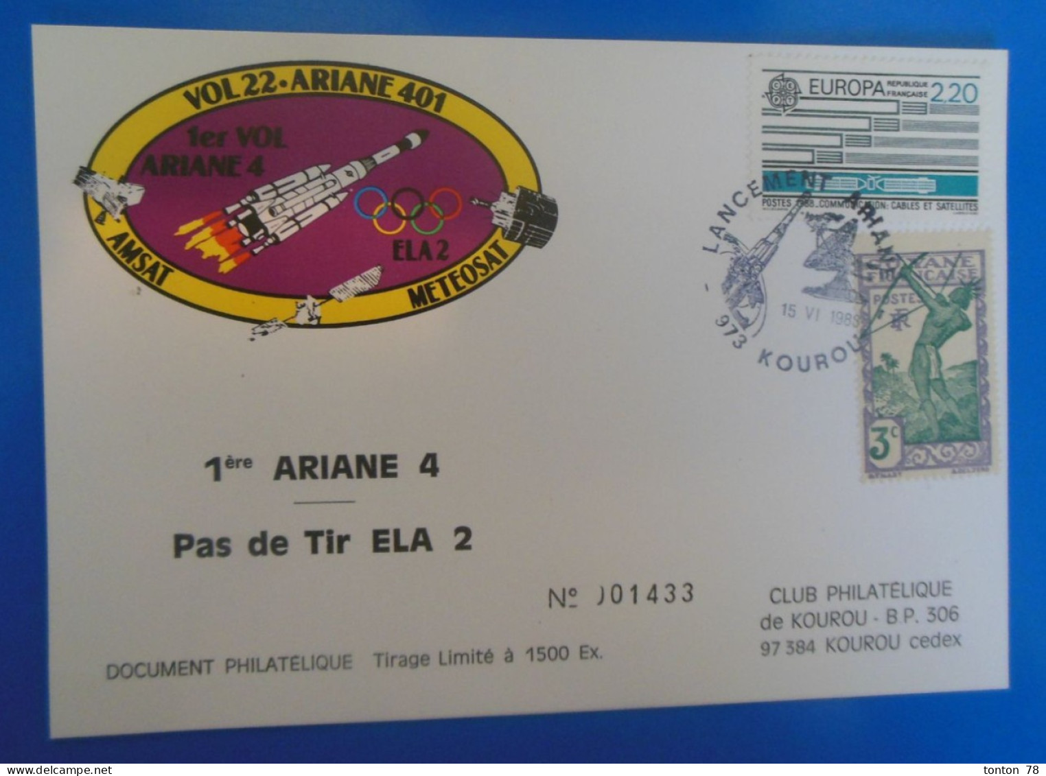 LANCEMENT DE LA FUSEE ARIANE DE KOUROU SUR CARTE DE 1988  -  1500 EX - Europe