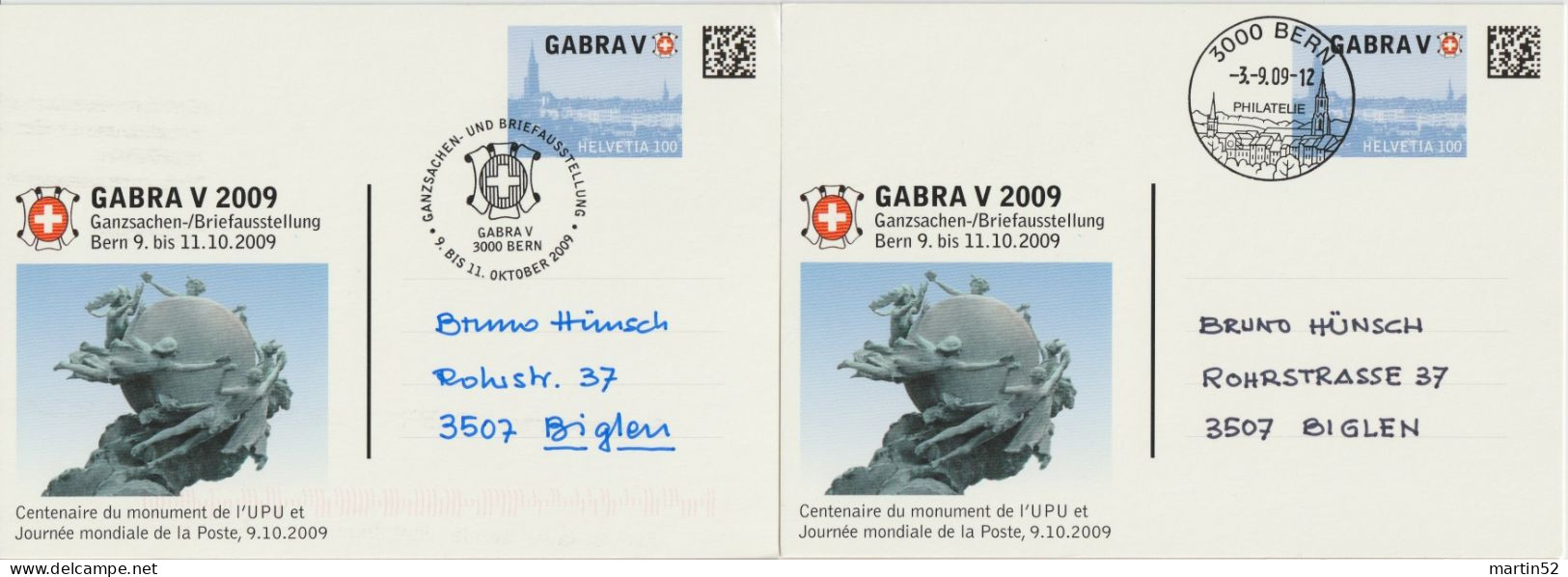 Schweiz Suisse 2009: GABRA V BERN Centenaire Du Monument De L'UPU Et Journée Mondiale De La Poste ⊙ 3.9. & 9.10.2009 - Entiers Postaux