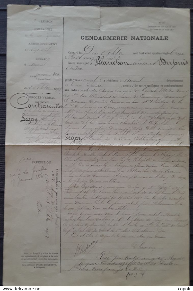 Authentique Ancien  PV Contravention Gendarmerie Nationale 1893 - Politie & Rijkswacht