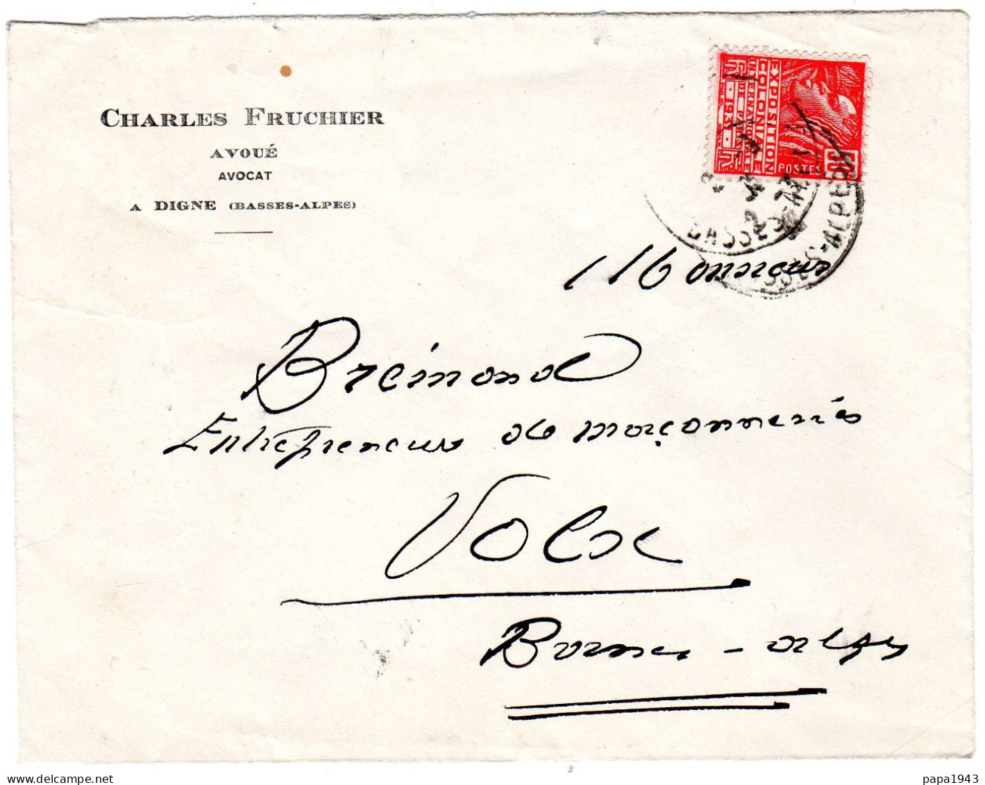 1931  "  Charles FRUCHIER Avocat à DIGNE "  T P  Expo Colonial 50c  Envoyée à DIGNE - Covers & Documents