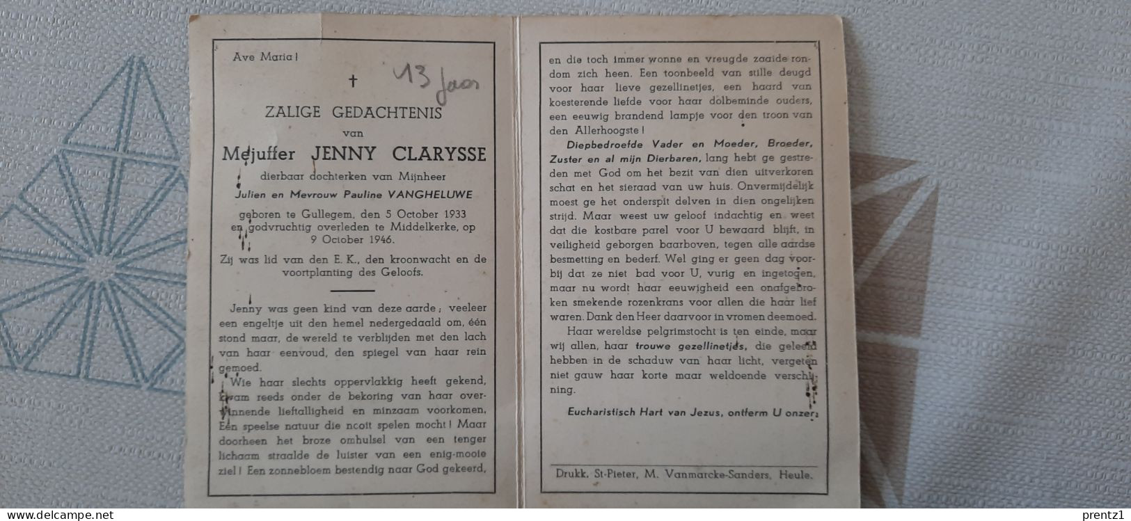 Jenny Clarysse  Geb. Gullegem 5/10/1933- Mejuffer - Dochter Van Vangheluwe - Middelkerke 9/10/1946 - Images Religieuses