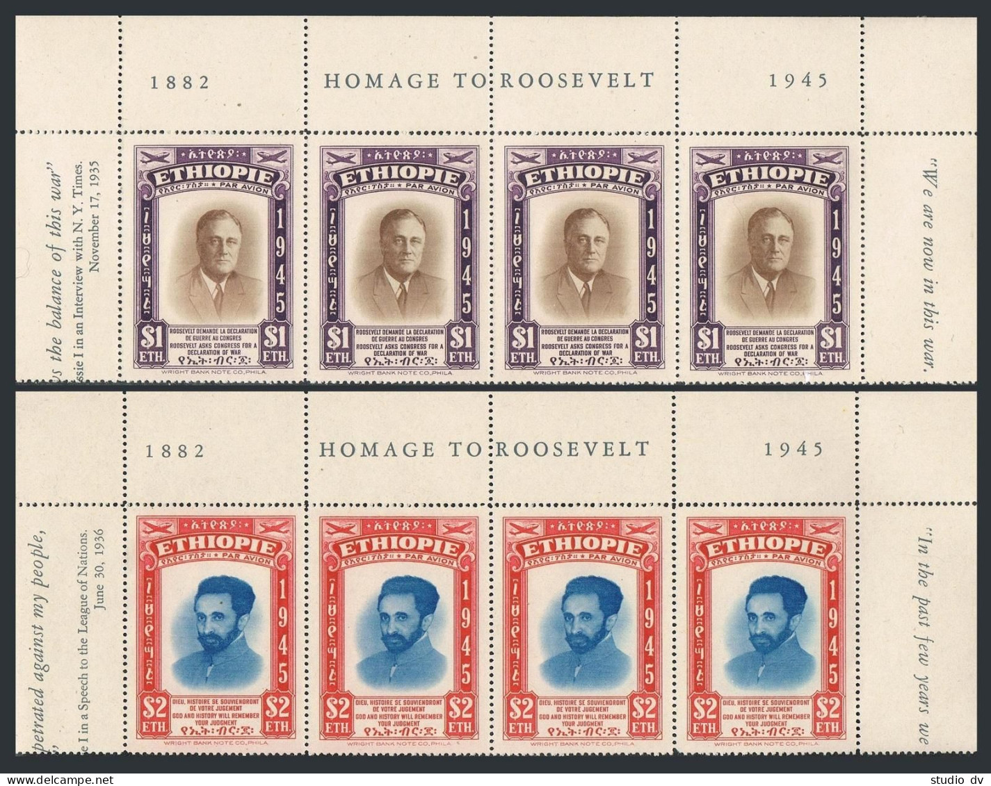 Ethiopia C21-C22 Strips/4,MNH. Emperor Haile Selassie,Franklin D.Roosevelt,1947. - Ethiopië