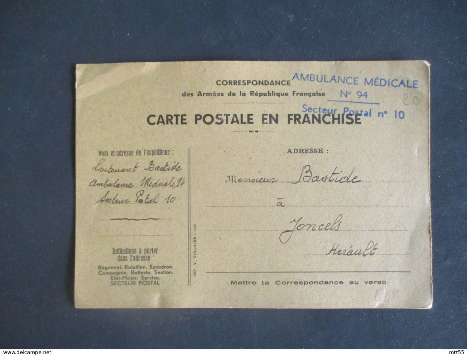 AMBULANCE MEDICALE 94  WW 2   LETTRE EN FRANCHISE POSTALE MILITAIRE - WW II