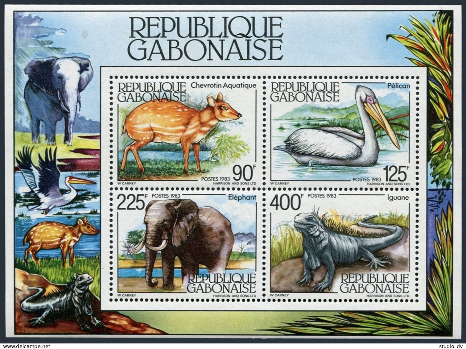 Gabon 534a,MNH.Michel Bl.49. Wildlife 1983.Musk Deer,Pelican,Elephant,Iguana. - Gabon