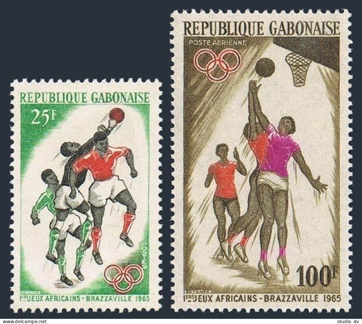 Gabon 183, C35, MNH. Michel 225-226. African Games 1965. Field Ball, Basketball. - Gabon (1960-...)