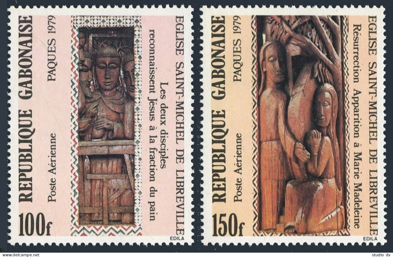 Gabon C220-C221, MNH. Michel 694-695. Easter 1979. Church's Wood Carvings. - Gabon (1960-...)