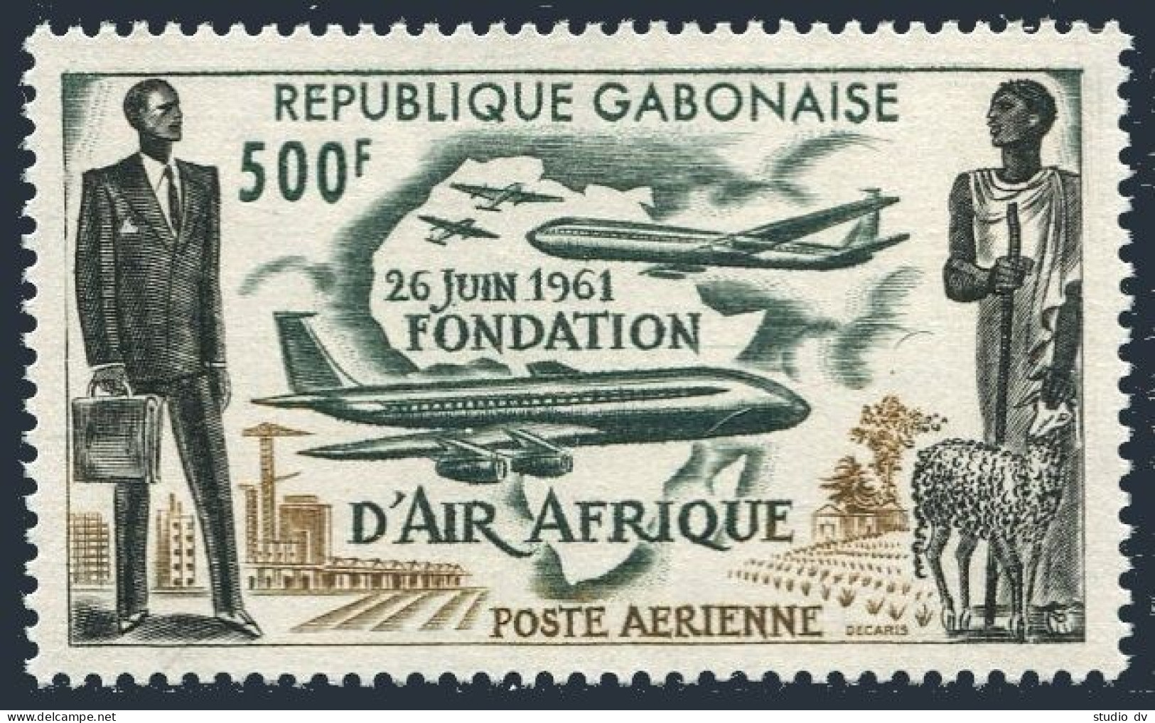Gabon C5, MNH. Michel 170. Air Afrique 1962. Plane Map,Sheep.  - Gabon