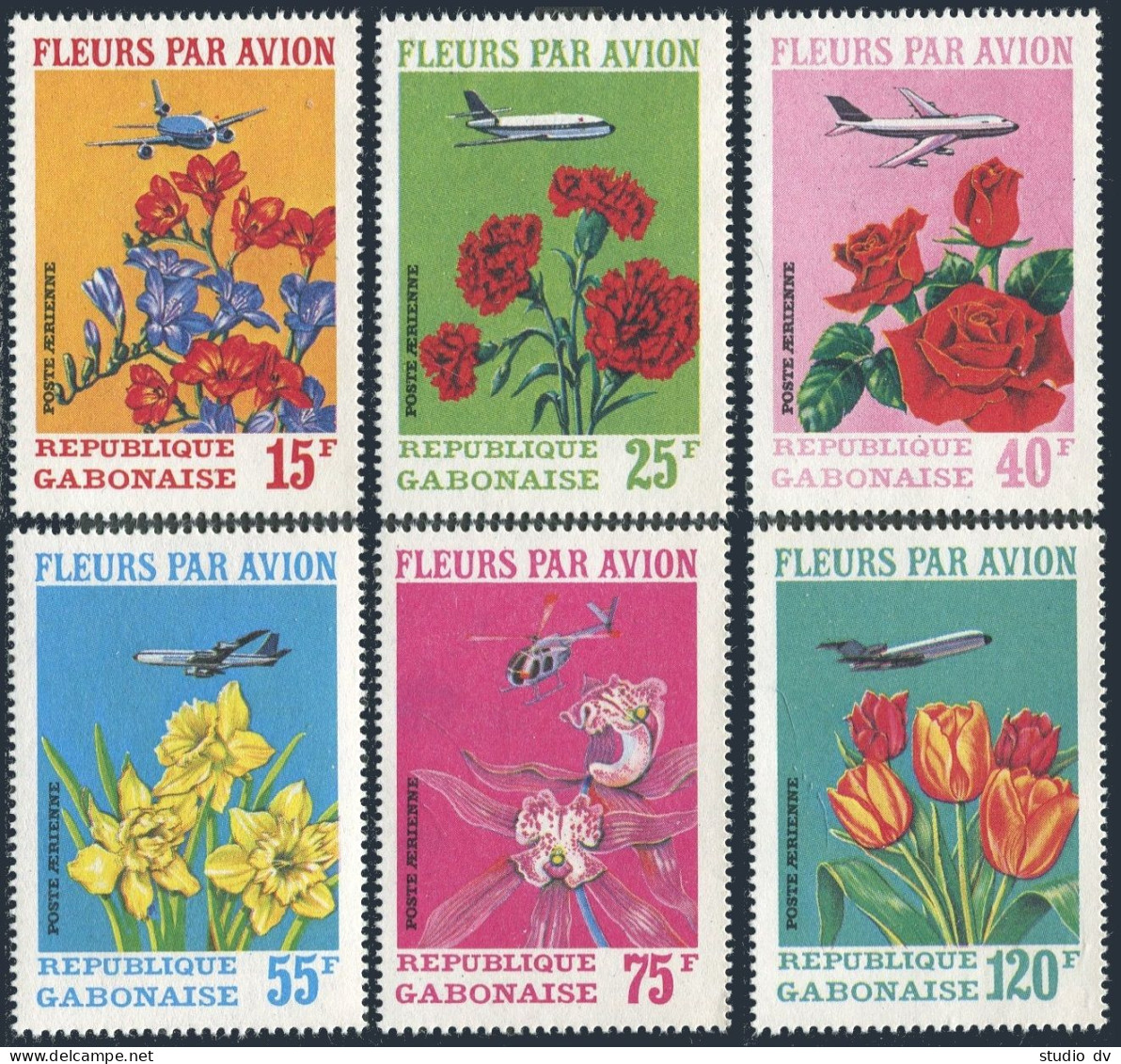 Gabon C109-C111,C111a Sheet,MNH.Michel 425-430,Bl.21. Flowers By Air,1971. - Gabon (1960-...)