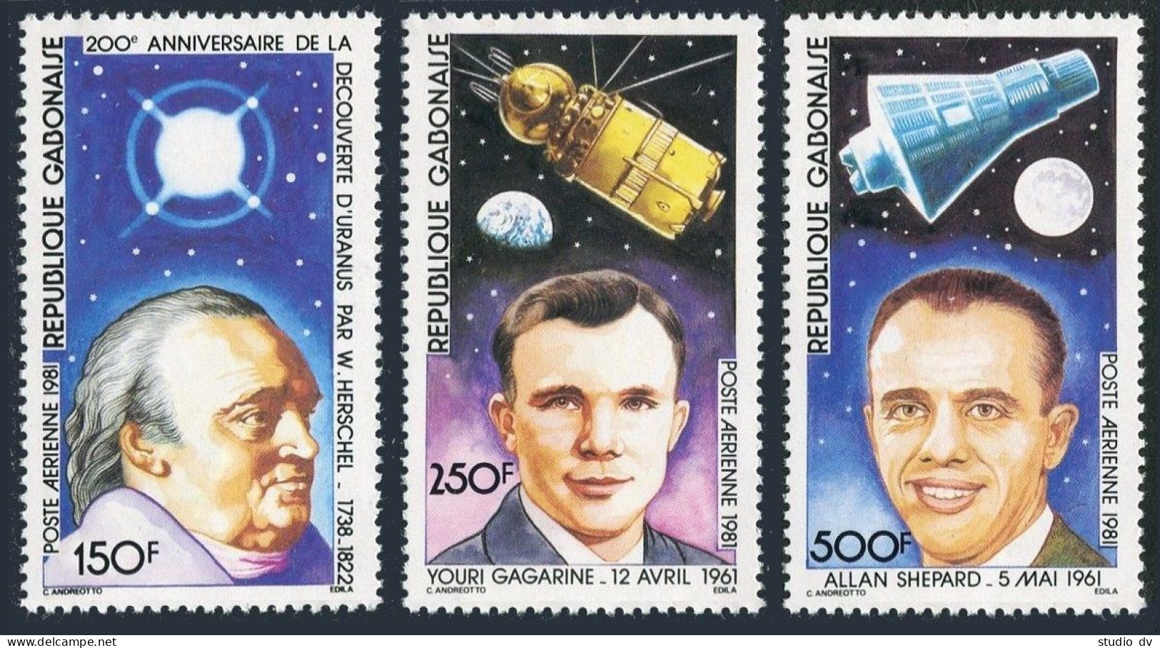 Gabon C245-C247, MNH. Mi 764-766. Spacecraft, Astronauts. Herchel, Astronomer. - Gabun (1960-...)