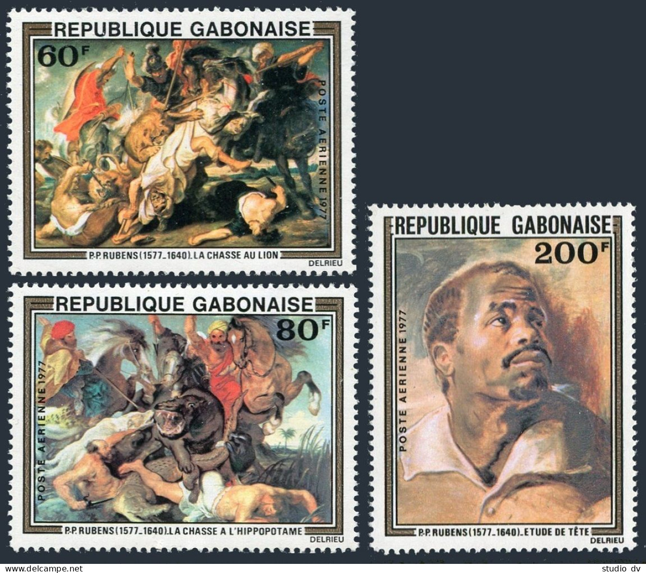 Gabon C199-C201,MNH.Michel 643-645. Peter Paul Rubens,1977.Hippo,Crocodile,Dogs, - Gabon (1960-...)