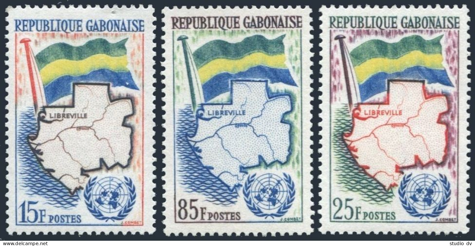 Gabon 151-153, MNH. Michel 157-159. Gabon Admission To UN, 1961. Flag, Map. - Gabon (1960-...)