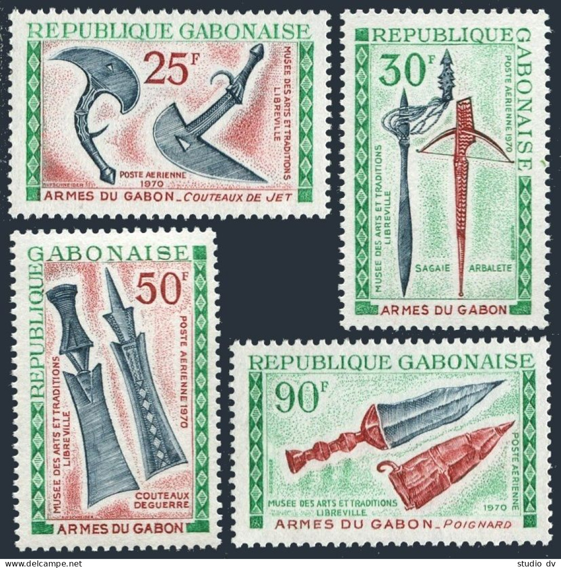 Gabon C96-C99, C99a Sheet, MNH. Michel 367-370, Bl.15. Gabonese Weapons, 1970. - Gabon