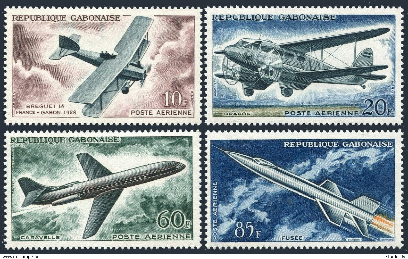 Gabon C7-C10,MNH.Michel 175-178. Breguet 14,Dragon Biplane,Caravelle Jet,Rocket, - Gabon (1960-...)