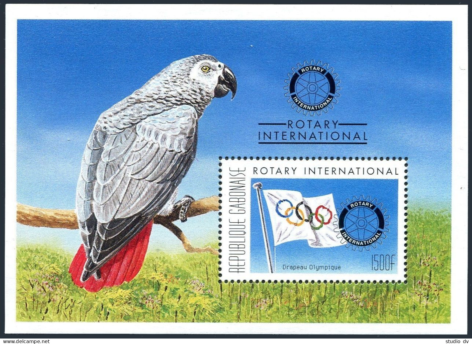 Gabon 821, MNH. Rotary International 1996. Emblem. Olympic Flag, Parrot. - Gabon (1960-...)