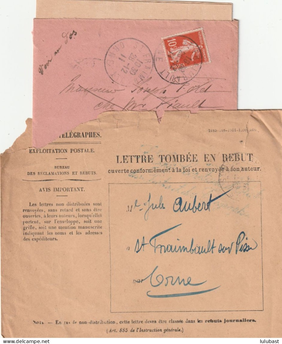 Lettre De St. Fraimbault (Orne) Tombée En Rebuts Avec Son Enveloppe. - 1877-1920: Semi Modern Period