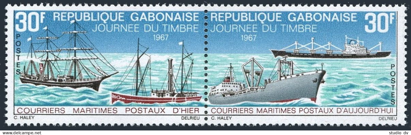 Gabon 221-222a Pair, MNH. Michel 294-295. 19th Century Mail Ships. 1967. - Gabun (1960-...)