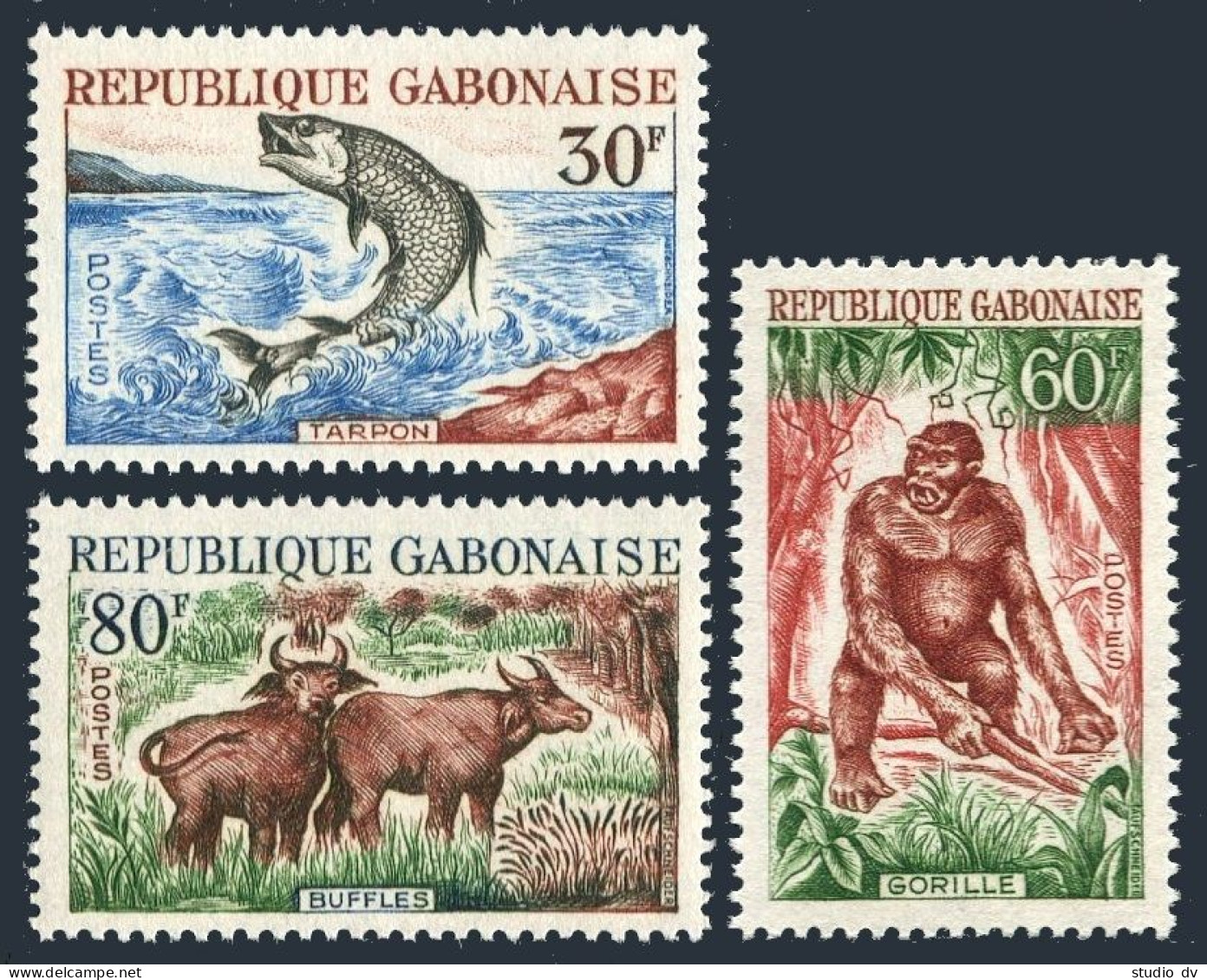 Gabon 172-174, MNH. Michel 199-201. Fauna 1964: Fish Tarpon, Gorilla, Buffalo. - Gabon