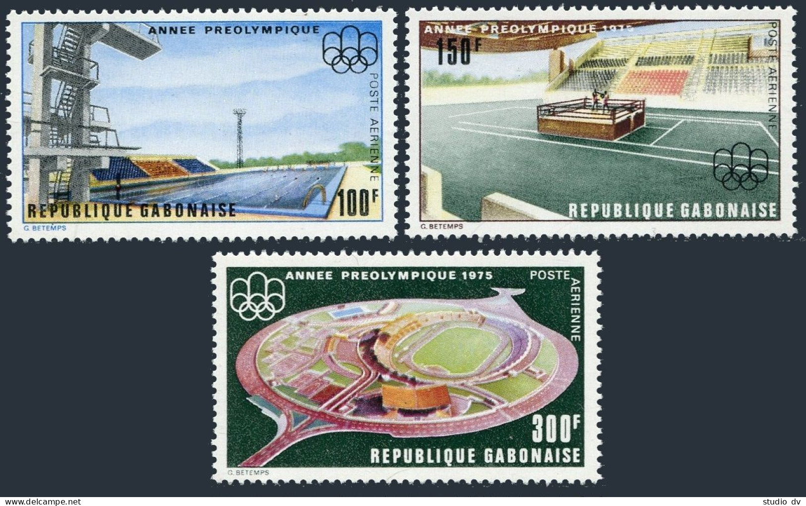 Gabon C166-C168,C168a,MNH.Michel 569-571,Bl.28. Olympics Montreal-1976:Stadiums. - Gabon (1960-...)