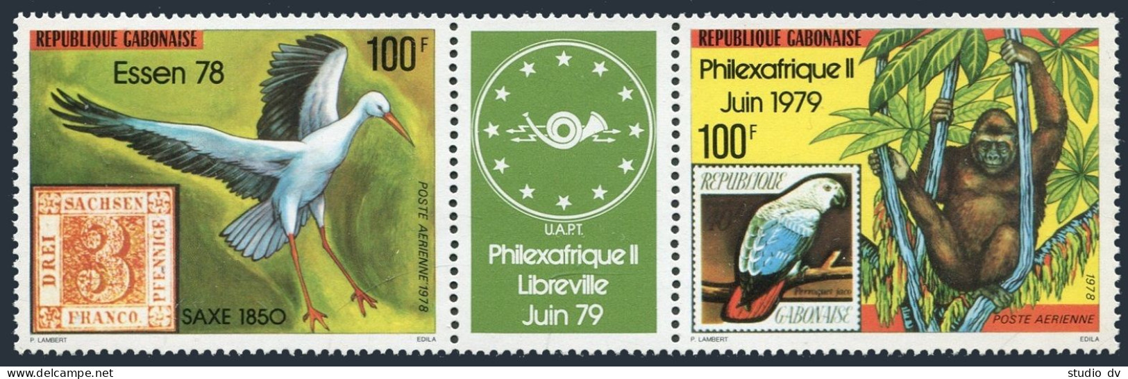 Gabon C215-C216a Green Label, MNH. Mi 682-683. ESSEN-1978. Gorilla, Stork,Parrot - Gabon (1960-...)