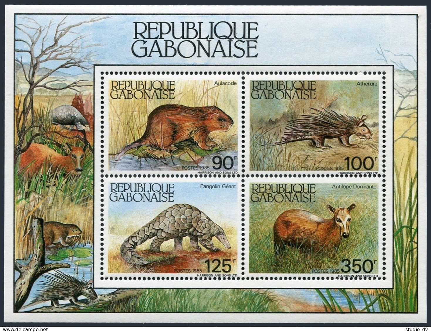 Gabon 581-584,584a,MNH.Mi 930-31,Bl.52.Aulacode,Porcupine,Pangolin,Antelope,1985 - Gabon (1960-...)