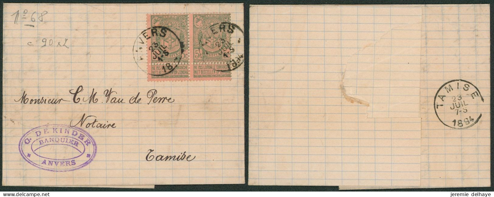 Expositions - N°68 X2 Sur LAC Obl Simple Cercle "Anvers" > Tamise / Banquier - 1894-1896 Expositions