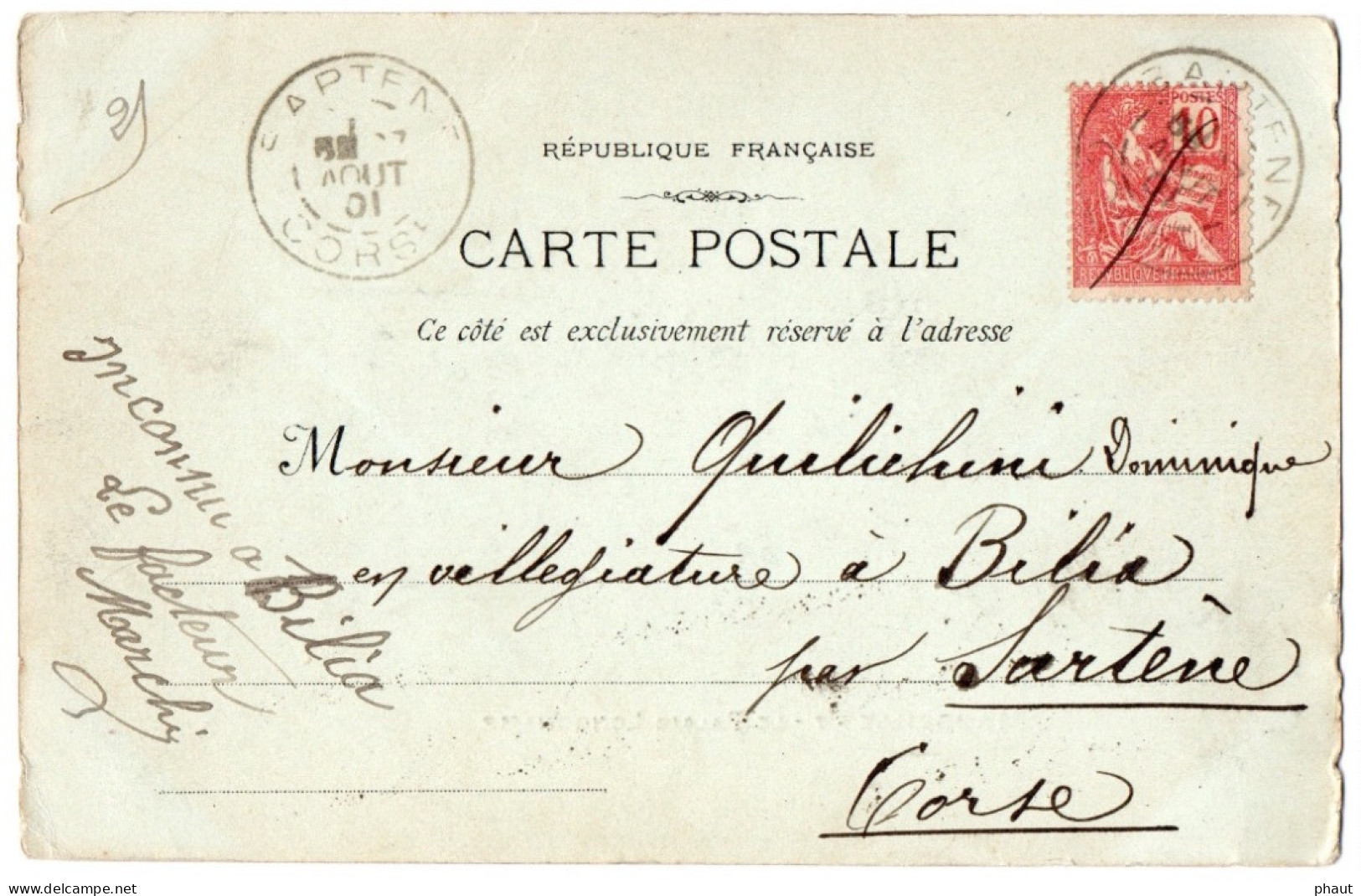 Annulation Plume Et TAD SARTENE Corse En Arrivée Sur CPA Marseille - 1877-1920: Période Semi Moderne