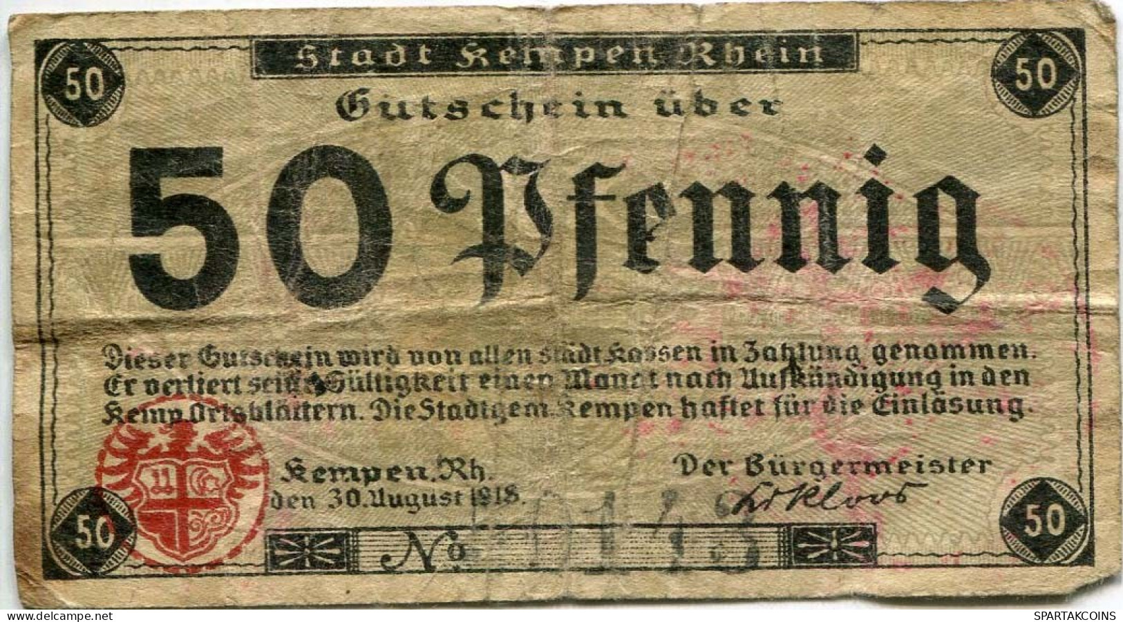 50 PFENNIG 1918 Stadt KEMPEN Rhine DEUTSCHLAND Notgeld Papiergeld Banknote #PL844 - [11] Local Banknote Issues