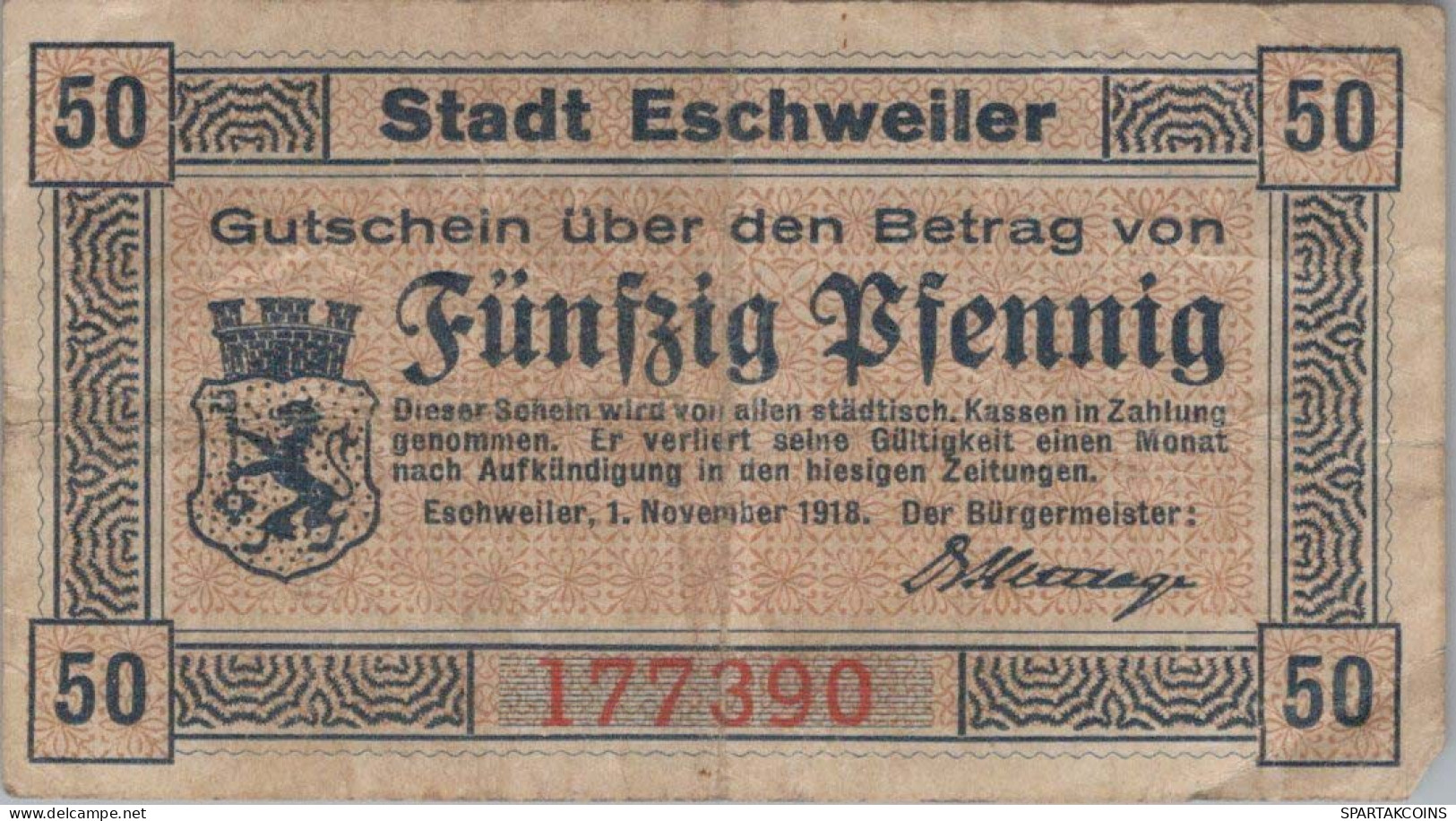 50 PFENNIG 1918 Stadt ESCHWEILER Rhine DEUTSCHLAND Notgeld Banknote #PG477 - [11] Local Banknote Issues