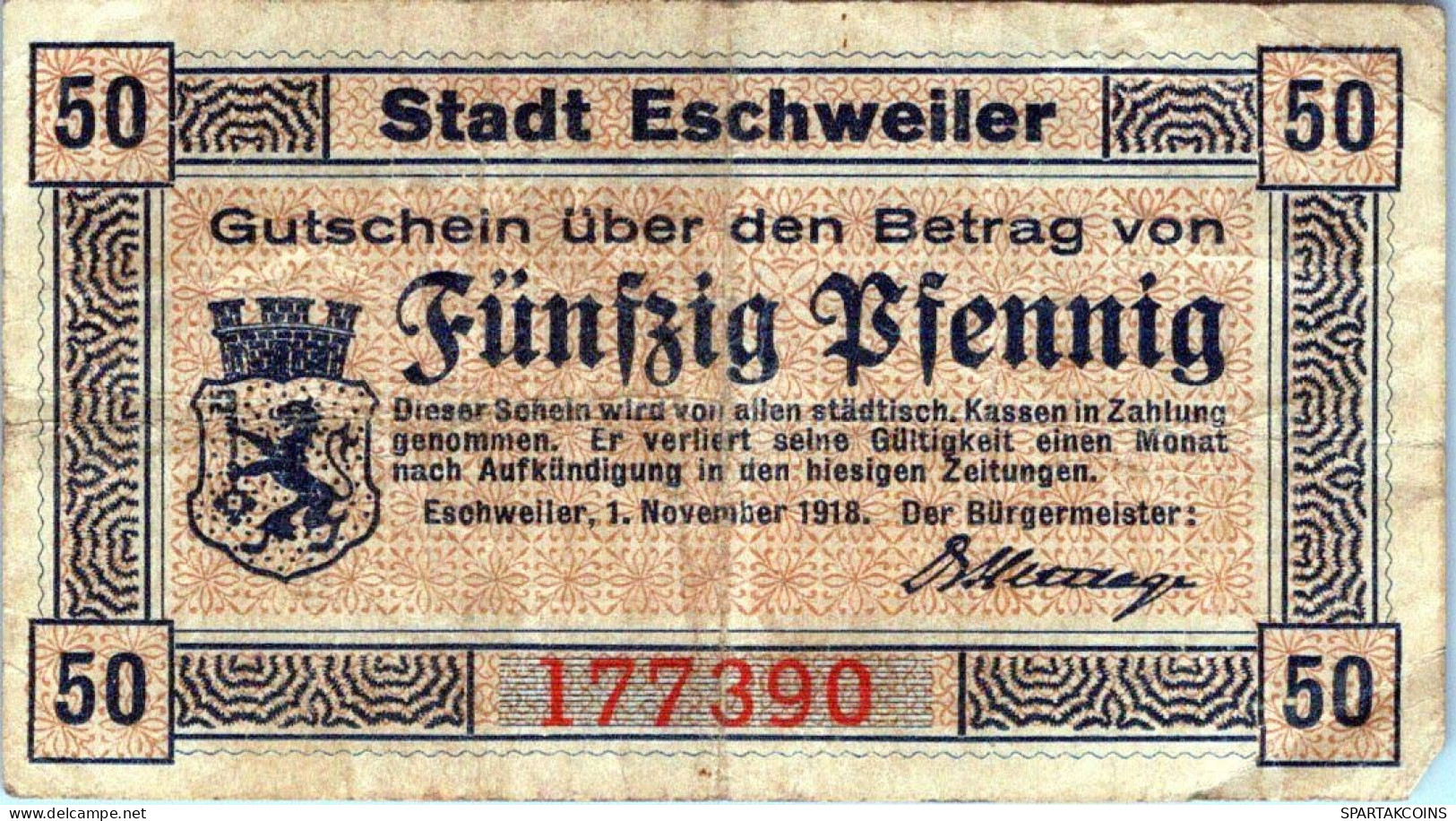 50 PFENNIG 1918 Stadt ESCHWEILER Rhine DEUTSCHLAND Notgeld Banknote #PG477 - [11] Local Banknote Issues