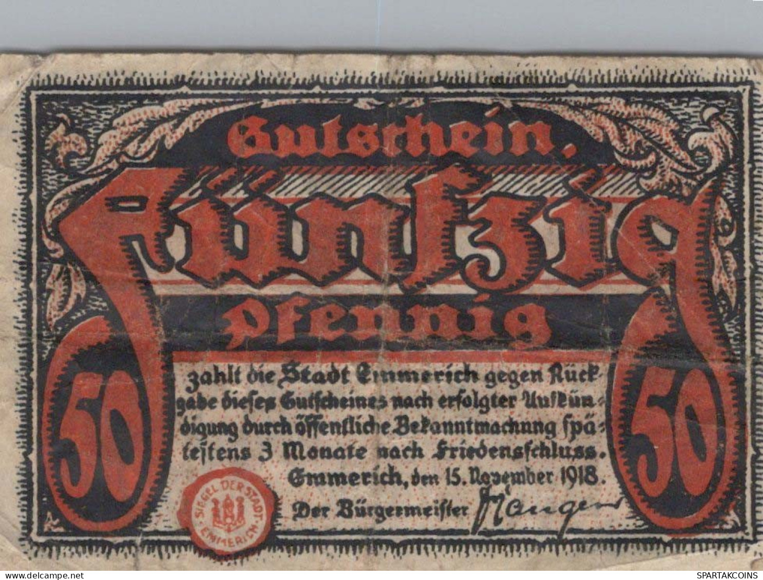 50 PFENNIG 1918 Stadt EMMERICH Rhine DEUTSCHLAND Notgeld Banknote #PG464 - [11] Local Banknote Issues