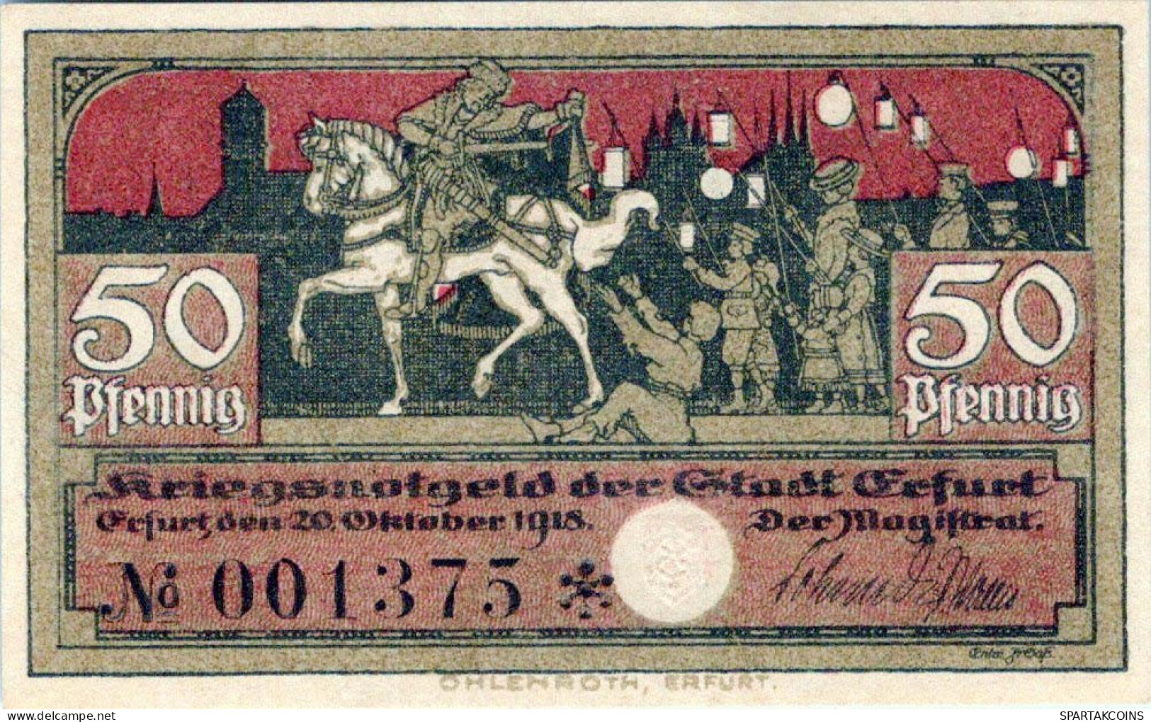50 PFENNIG 1918 Stadt ERFURT Saxony UNC DEUTSCHLAND Notgeld Banknote #PH818 - [11] Local Banknote Issues