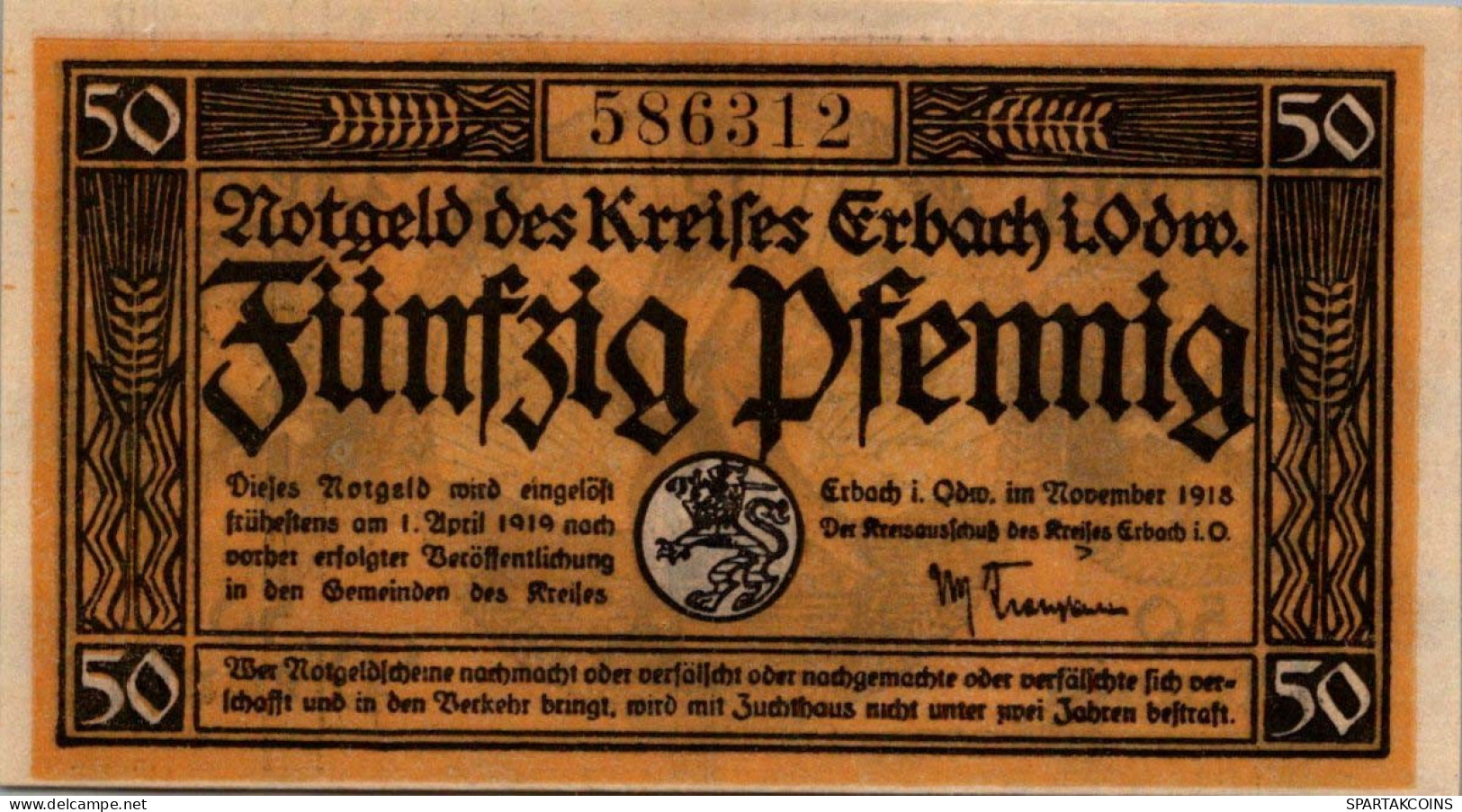 50 PFENNIG 1918 Stadt ERBACH Hesse DEUTSCHLAND Notgeld Banknote #PF537 - [11] Local Banknote Issues